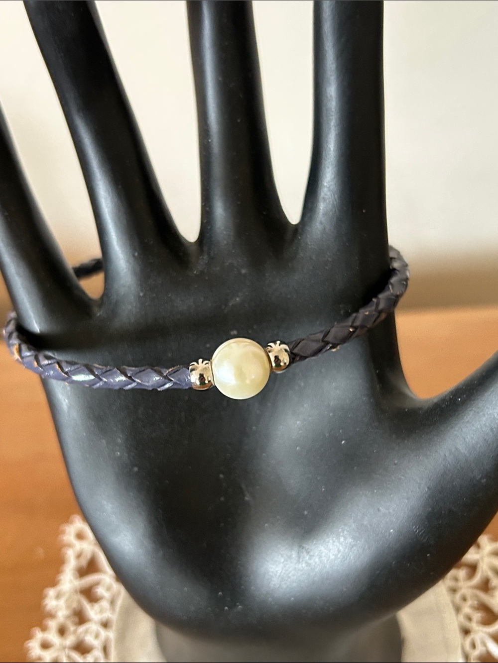 Pearl Center Braided Leather Bracelet in Dark Purple